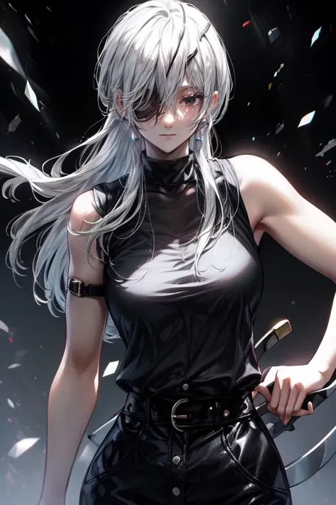 high quality, High detail, beautiful, beautiful face, White skin, Sleepy eyes, Iris, Calm face, Black eye patch on left eye, Medium length silver hair, slim, An athletic body, Black shirt with cut off sleeves、Black pants, Three swords at his waist, Holding...