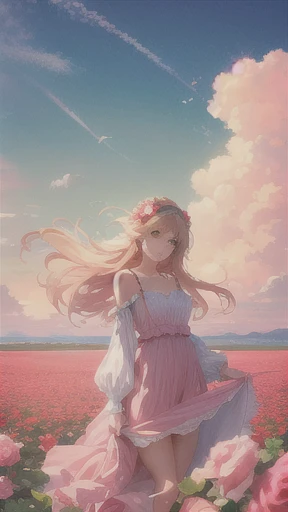 summer, desert, Pink Cloud, A beautiful girl stands in a field of roses, James Gurney, Rendered Art Station, Ultra-wide-angle lens, High resolution