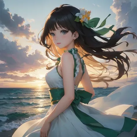 anime girl in a white dress standing on a beach at sunset, beautiful anime, anime style 4 k, beautiful anime portrait, 4k anime wallpaper, anime wallpaper 4k, anime wallpaper 4 k, anime art wallpaper 8 k, artgerm and atey ghailan, anime moe artstyle, beaut...