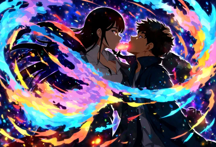 side view of two a man and woman kissing in a glowing galaxy fire by al3xxl