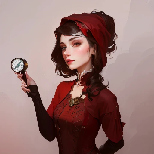 arafed woman in red dress holding a clock in her hand, portrait of a red sorcerer, abigail larson, human :: sorceress, unrealistic character concept, inspired by Johannes Helgeson, female occultist, carmilla vampire, speedpaint, crimson themed, concept por...