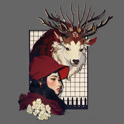 there is a woman with a deer head and a hat, princess mononoke color scheme, princess mononoke inspired, studio ghibly style mononoke, portrait!!! mononoke-hime style, princess mononoke, mononoke, inspired by Tōshūsai Sharaku, ghibli inspired