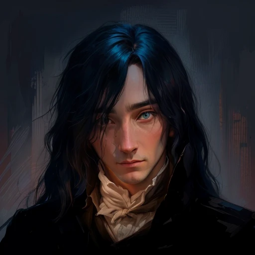 painting of a man with long hair and blue eyes staring at the camera, severus snape, caleb from critical role, inspired by Jorge Jacinto, digital matt painting, speedpaint, painted character portrait, character concept portrait of me, tommy wiseau, # 1 dig...