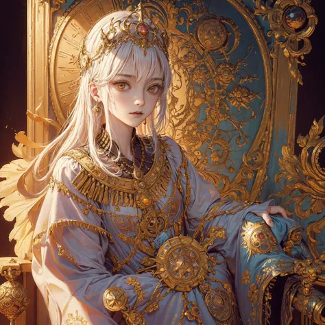 best quality, 4k, High resolution, masterpiece:1.2, Extremely detailed, Practical:1.37, Art of a Woman Wearing a Sun Crown, (((Occult art))), Very detailed goddess ancient art, Sacredness. Very detailed, Mysterious inspiration, Inspiration from the Sun God...