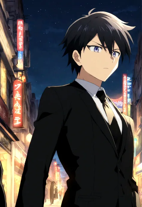 Cartoon, bad boy, black suit, blue-black hair, anime, night on the town