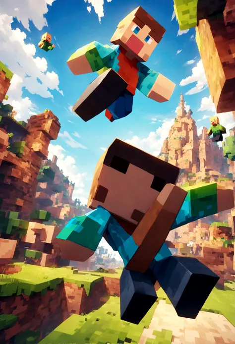 Two Minecraft characters jumping towards the camera