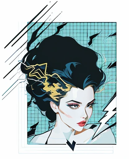 a close up of a woman with a black hair and a lightning bolt, inspired by Patrick Nagel, !!! very coherent!!! vector art, in style of digital illustration, by Patrick Nagel, vector style drawing, patrick nagel, electric woman, patrick nagel!, vector line -...