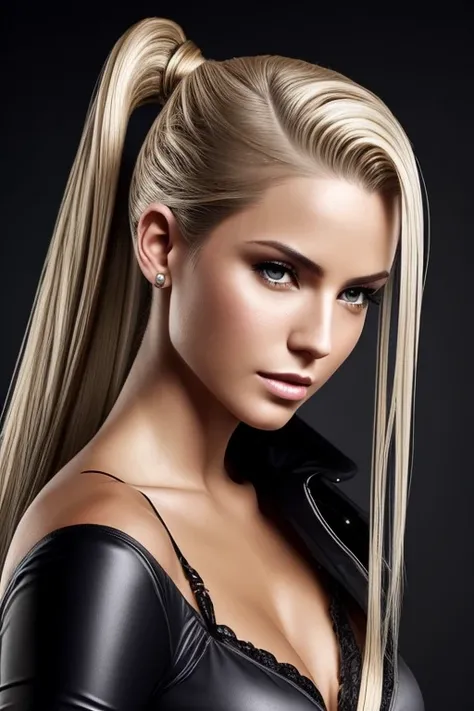 Gorgeous european woman with very short straight hair, short ponytail, wet hair, hair slicked back, combed straight back, slick hair, streaked caramelblonde hair, seductive, dressed as terra branford from final fantasy, cleavage, solid dark grey background