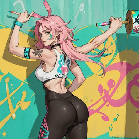  masterpiece, best quality, 25 years old beautiful woman, long hair, (mature face:1.4), 1woman, solo, crop top, gym leggings, choker, (from behind:1.4), plumb ass, thick thighs, thin waist, wide hips, (graffiti:1.5), paint splatter, arms behind back, again...