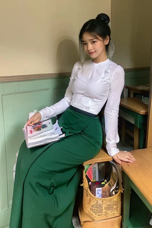 A school teacher is 30years old.Tall, thin, big hips, big breasts, black hair, small lips, brown eyes, attractive, K.Top=white Burmese blouse,With long sleeves,Buttoned at the side.Bottom=(Dark green) long skirt.
Footwear=female Burmese sandals,The hair is...