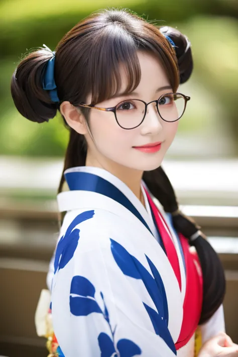 highest quality、masterpiece、high sensitivity、high resolution、slim body、glasses、twin tails、kimono