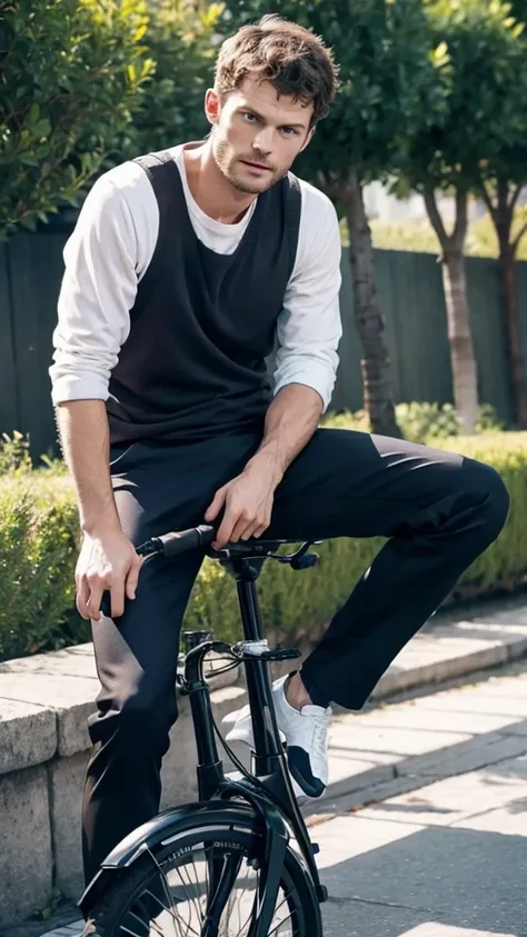 Jamie dornan sitting on a bike, the background natural, blur,