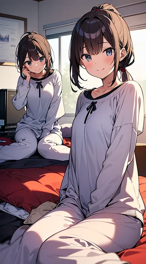 An absurd solution, High resolution, (masterpiece: 1.4), Very detailed, (((Detailed face, Detailed Expression)), Two Girls, Girl and Girl, friend, best friend, Classmate, relax, ponytail, Bob, sitting on bed, Sitting on the floor, The two are talking, The ...