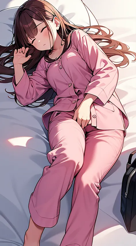 Sleeping girl, 22 years old, Realistic, She is wearing long pants, She is wearing pink pajamas, Brown Hair.