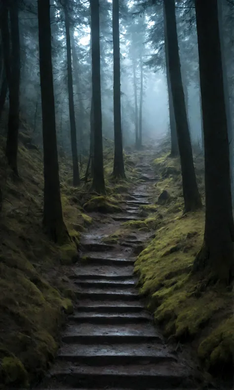 A dirt hiking trail on Mount Aire，Surrounded by the Black Forest, This path leads to the top of the mountain, Dark atmosphere, Horror stories