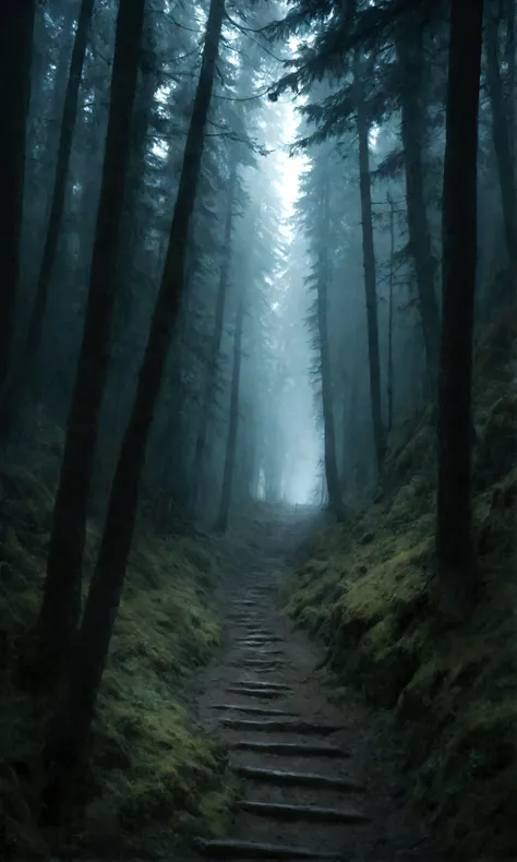 A dirt hiking trail on Mount Aire，Surrounded by the Black Forest, This path leads to the top of the mountain, Dark atmosphere, Horror stories