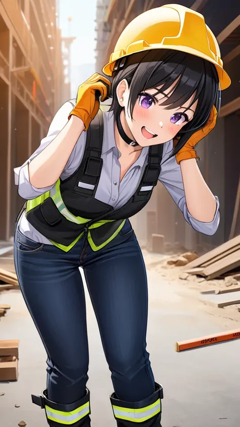 Tomboy girl, mature, sexy, smart, black short hair, purple pupil eyes, wearing Construction workers helmet, wearing black plain chokers, wearing Safety vest for construction work, wearing Plain black long-sleeved shirt, long jeans, wearing Construction boo...