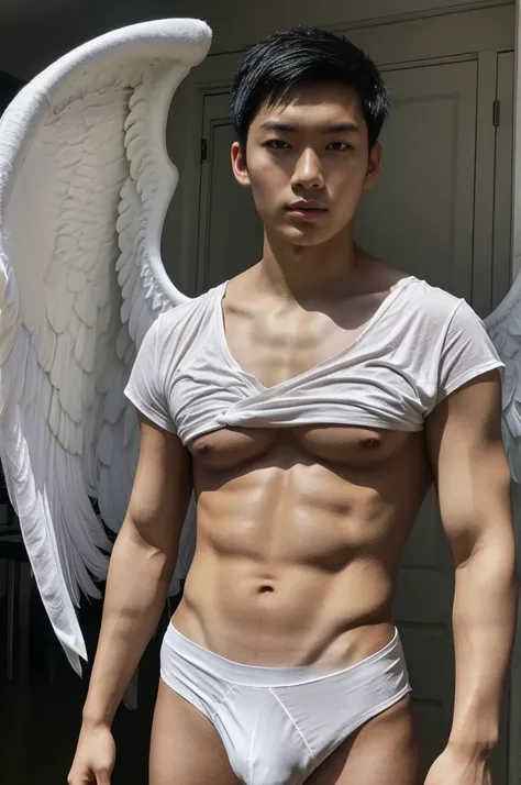 A young asian man with short dark hair wearing a white shirt and having large white angel wings behind him