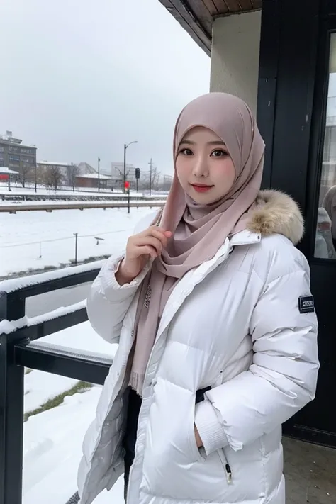 japanese muslim girl, pasmina hijab, perfect body figure, down jacket, white jacket, snowy city landscape