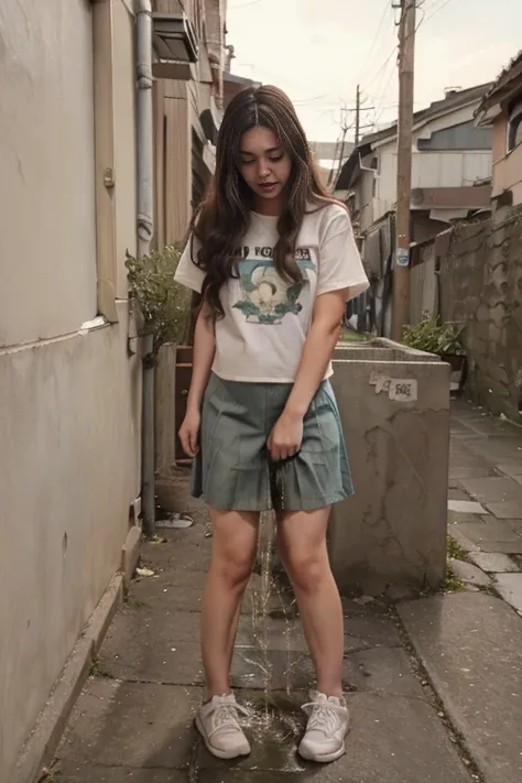 (pp clothes), (realistic), A girl sees the ghost and peed herself, standing in Alley, peeing herself on to skirt, peeing:1.3, urination:1.3, pee stain:1.2, pee puddle:1.1, view to viewer, face view to camera