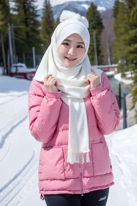 japanese muslim girl, pasmina hijab, perfect body figure, down jacket, pink and white jacket, holding ski board, ski resort