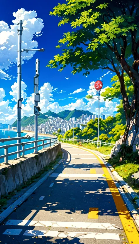 a painting depicting a waterside street, traffic light on pole, rio de janeiro in an japanese manga film, japanese manga. author...