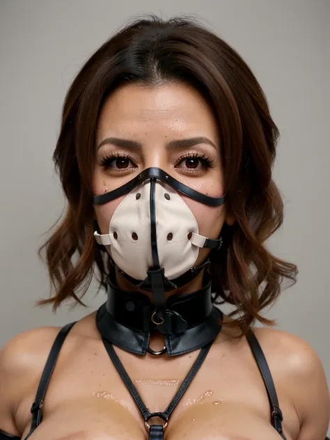  (Eva Longoria, bdsm, bondage, drool dripping, drool dangling, wearing a muzzle, breathplay) cleavage, 8k, drool all over chest, drooling, realistic, dripping wet, medium breasts, drool all over face, corset, perfect body, smooth skin, pleading eyes, lots ...