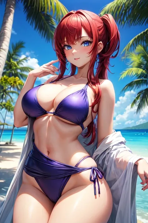 creates a 26-year-old anime girl with red hair, blue eyes, hands on her waist and a violet swimsuit with wide hips and large breasts and in a landscape of a tropical beach with palm trees and trees. 