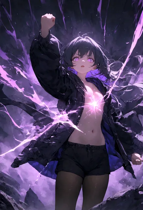 1girl, original, (solo:1.1), standing, raised fist,
scary face, ((intimate purple mist background), ((solo)), (psychic girl),The rays of light shoot through my chest, small chest, black tights, black shorts, visible through hair, (wearing black hoodie clot...