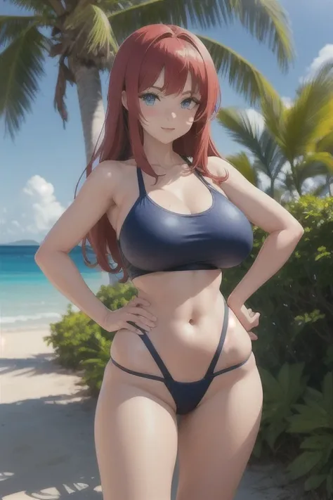 creates a 26-year-old anime girl with red hair, blue eyes, hands on her waist and a violet swimsuit with wide hips and large breasts and in a landscape of a tropical beach with palm trees and trees. 