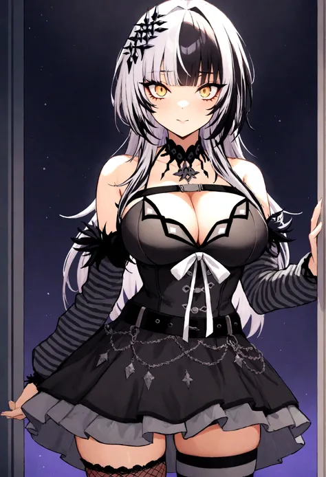 masterpiece, best quality, 1girl, shiori novella, Hololive, holoadvent, cowboy shot, ShioriBase, split-color hair, white hair, black hair, yellow eyes, hair ornament, lace choker, black dress, layered dress, sleeveless, cleavage, chest belt, white ribbon, ...