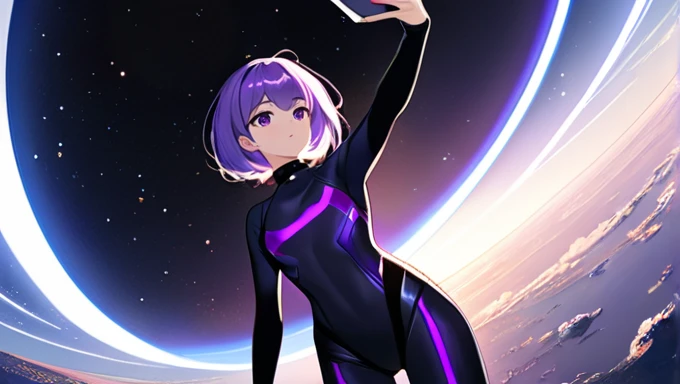 High-resolution anime digital art, Masterpiece, Short-haired, intelligent, strong, and sexy tomboy floated in outer space, purple pupil eyes, dressed in dark purple futuristic full spandex covered body, wearing a plain black choker, black plain shoes, taki...