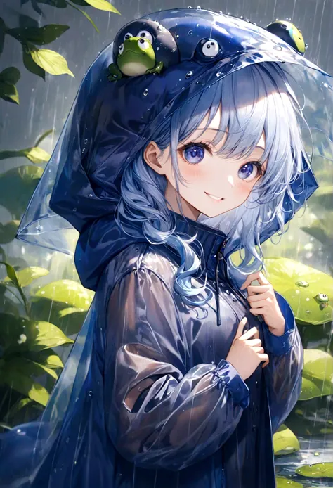 ((top-quality)), ((​masterpiece)), ((ultra-detailliert)), (extremely delicate and beautiful), dark purple bird, bird is round, beautiful woman, bright light blue hair, long wavy hair, sapphire blue eyes, wearing a spring raincoat, sheer raincoat, frog hood...