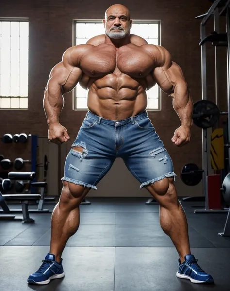 A ((powerful bodybuilder, as bodybuilder Hadi Choopan)), ((aged 55 years old)), ((exaggerated muscular thick body physique and pumpes veins)) clad in (ripped shorts denim outfit) exuding confidence as he strikes a astonishing standing pose. ((His body is r...