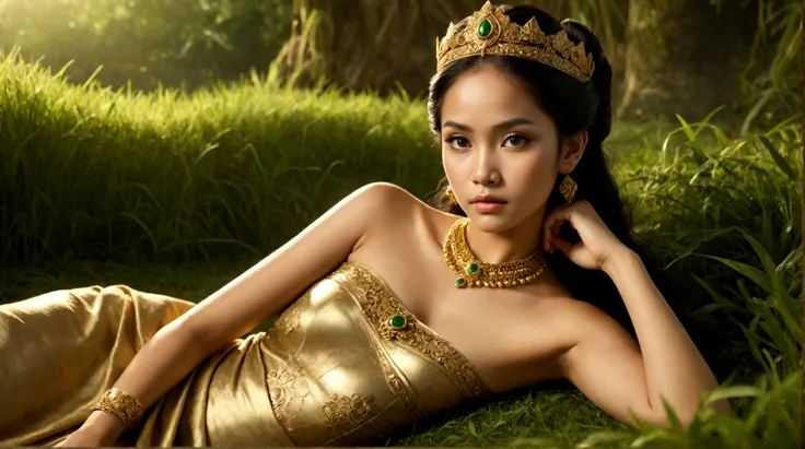 Very detailed and realistic photo of a beautiful and sweet ancient Javanese princess. She wore a strapless gold tank top, looking sad. This scene features the princess in sparkling gold jewelry, intricate textures, and realistic lighting. The background in...