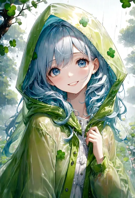 ((top-quality)), ((​masterpiece)), ((ultra-detailliert)), (extremely delicate and beautiful), beautiful woman, bright light blue hair, long wavy hair, sapphire blue eyes, wearing a spring green raincoat, raincoat has a hood, raincoat hood has clovers, rain...