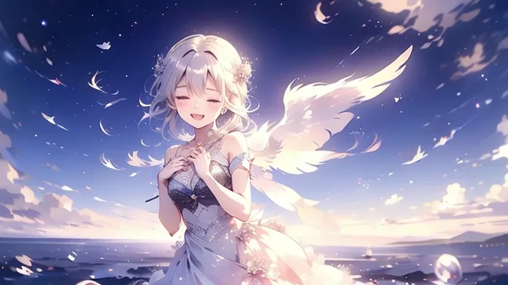 ((Girl floating in the starry sky))、((Multiple Bubbles))、((Beautiful girl in the middle))、((The girl has big wings))、((The girl closes her eyes and smiles gently))、((She has her hands on her chest))((she is wearing a dress))