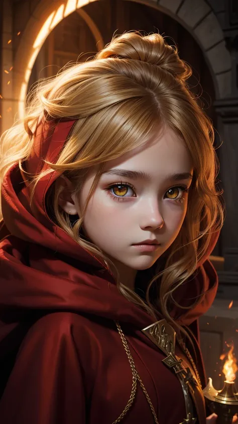 high detail, clarity, 8 kkk, young girl, 15 years old, light hair, wavy hair, yellow eyes, blazing, red cloak, Realism, fantasy,