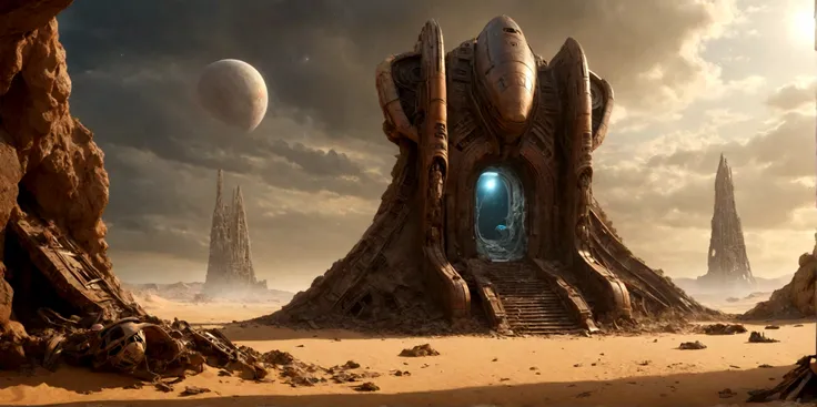 (EN UN VALLE RODEADO DE ACANTILADOS) ((THE DOOR OF AN ALIEN TEMPLE IN RUINS AND IN PIECES) , (A GIANT, THREE-LEVEL, 300-METER-LONG SPACESHIP FALLING RUSTY ABANDONED LAYING IN THE SAND CRUMBLED INTO DOZENS OF PIECES BY TIME))), SUPER HIGH DEFINITION IMAGE W...