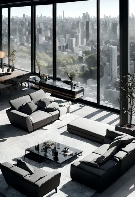 arafed view of a living room with a couch and a table, a matte painting by Austin English, pexels, happening, overlooking a modern city, modern living room, city apartment, ultra modern, fancy apartment, amazing view, great view, luxurious environment, exp...