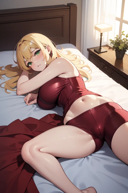 creates a 26 year old anime girl lying face down on a bed with wide hips and big breasts blonde hair and green eyes wearing red underwear in a luxurious room landscape