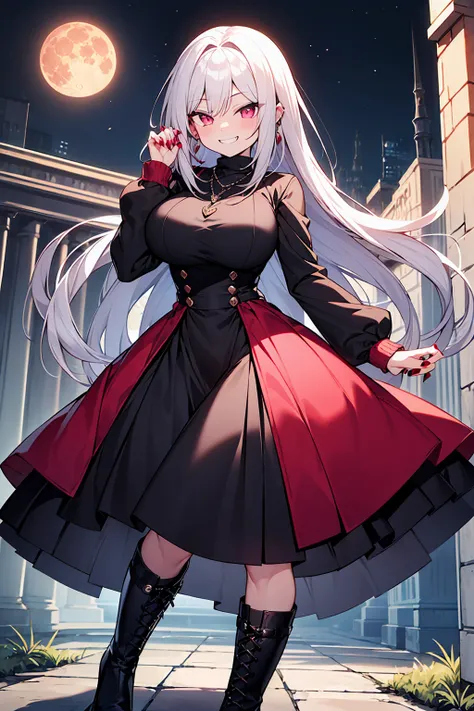  highest quality、4K、masterpiece、Silver Hair、Slanted Eyes、Pink Eyes、Pale skin、vampire、Black long sleeve knit、ruby ​​necklace、Big Breasts、Long skirt、Knee-high boots、sexy、vampireの鋭い牙、Insanity、Cruel smile、attack、Red nails、Bad Smile、Red full moon