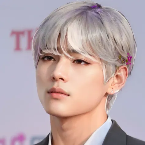 un primer plano de una persona con corbata y traje, kpop idol portrait, retrato de jossi de blackpink, el tiene pelos gris oscuro, cai xukun, kim doyoung, Jimin, taehyung comiendo papas fritas gucci, inspirado en Yanjun Cheng, park Jimin, yanjun chengt, in...