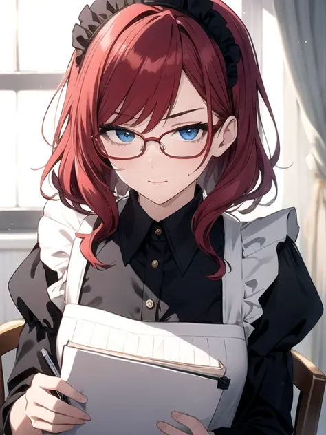 make a beautiful woman with red hair, blue eyes and glasses dressed as a maid scrolling through a notebook and looking at the audience and giving a sensual wink