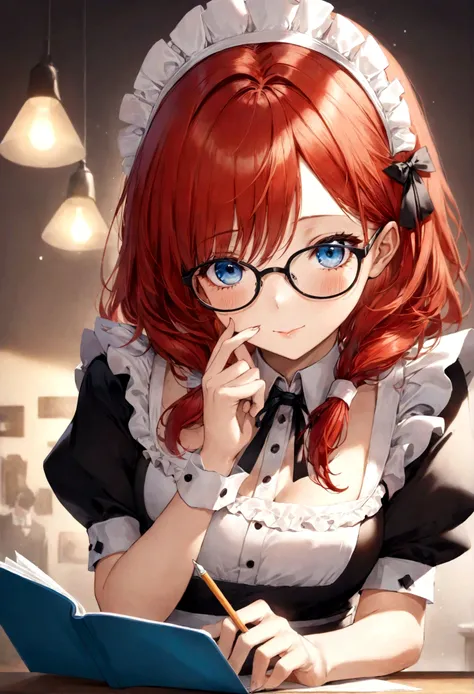 make a beautiful woman with red hair, blue eyes and glasses dressed as a maid scrolling through a notebook and looking at the audience and giving a sensual wink