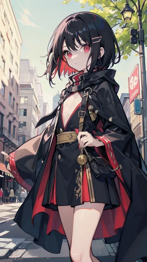 Short hair, Black hair, Flat chest, 1girll, Red eyes,teens girl,hair pin,Solo, A high resolution,(cloaks),En plein air