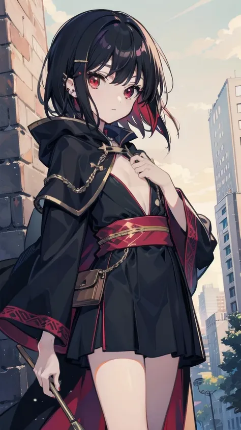 Short hair, Black hair, Flat chest, 1girll, Red eyes,teens girl,hair pin,Solo, A high resolution,(cloaks),En plein air