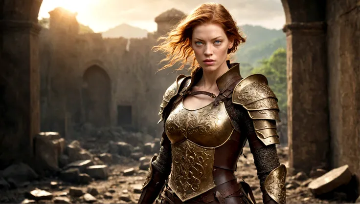 masterpiece, beautiful Amazon warrior, (Alyssa Sutherland:1.0), highly detailed plate armor, filigree, , (strong muscular body), (short brown tangled hair), Legantasia battlefield background), war-torn environment, magical war, HD, (skin texture:1.1), Best...