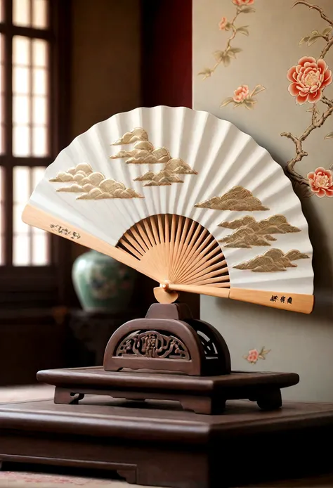 (Chinese interior, , realistic documentary photography, showing history,)bedroom, front of perspective, fan detail, jun porcelain hand fan, parquet floor, calm elegance, auspicious cloud mural,