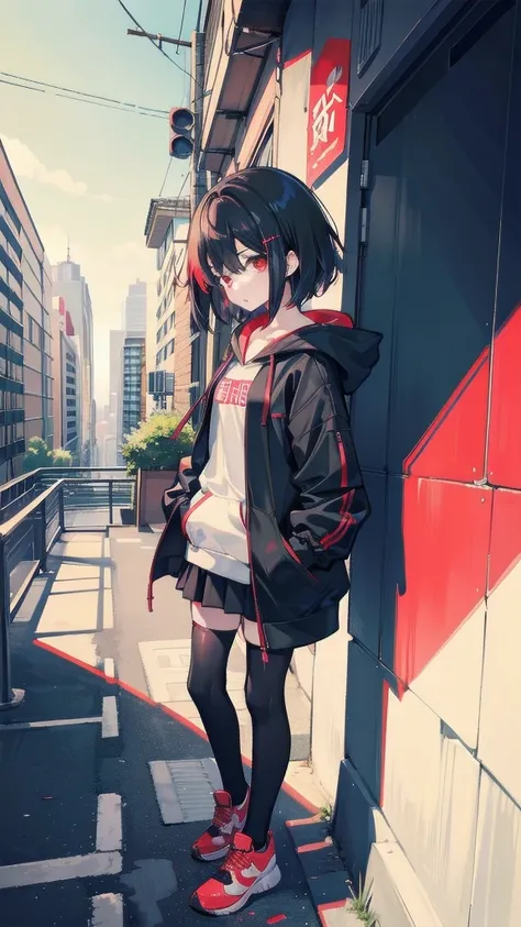 zettai ryouiki, Hoodie,short hair, Black hair, Flat chest, 1girl, Red eyes,teens girl,hair pin,Solo, Morning,full body, highres,blue sky,City